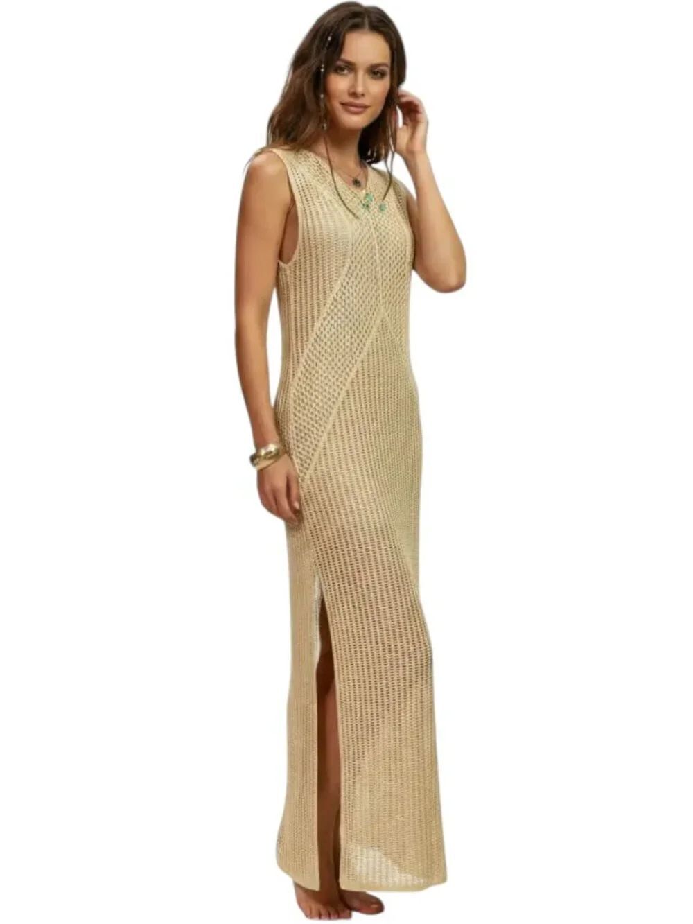 Tan Crochet Side Split Maxi Kaftan Dress Beach Cover Up NWT